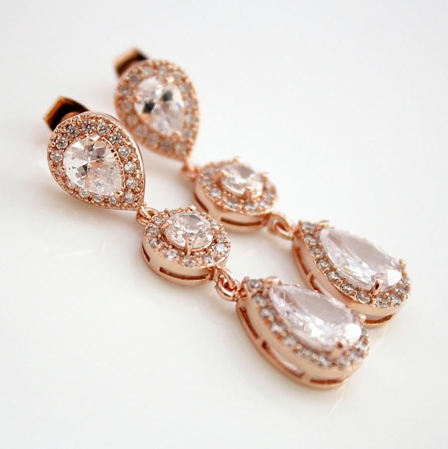 زفاف - Rose Gold Bridal Earrings Crystal Wedding Jewelry Teardrop Cubic Zirconia Post Rose Gold Wedding Earrings Bridal Jewelry, Rita