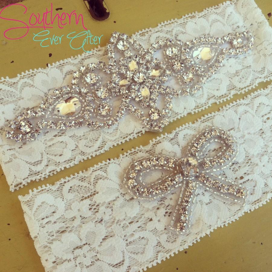 Hochzeit - Vintage Inspired Rhinestone Wedding garter / bridal garter/ lace garter / Shabby Chic