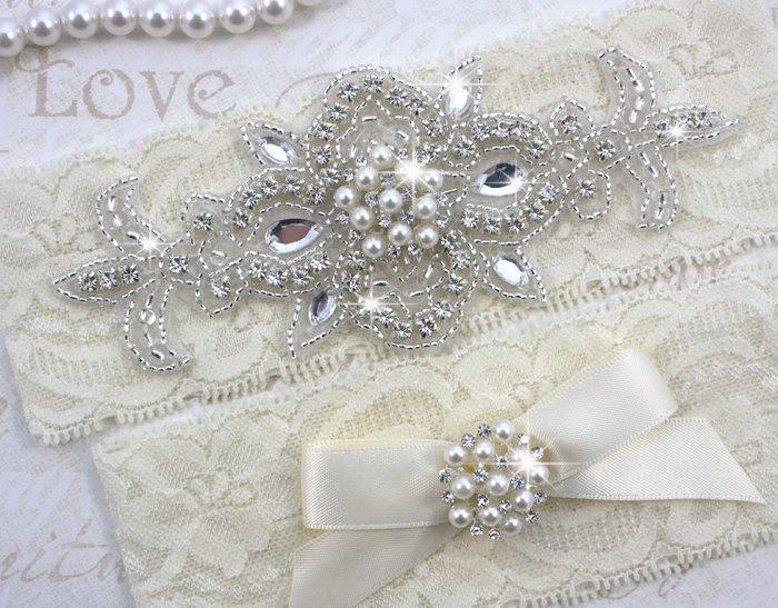 Hochzeit - MADRID II - Pearl Wedding Garter Set, Lace Garter, Rhinestone Crystal Bridal Garters