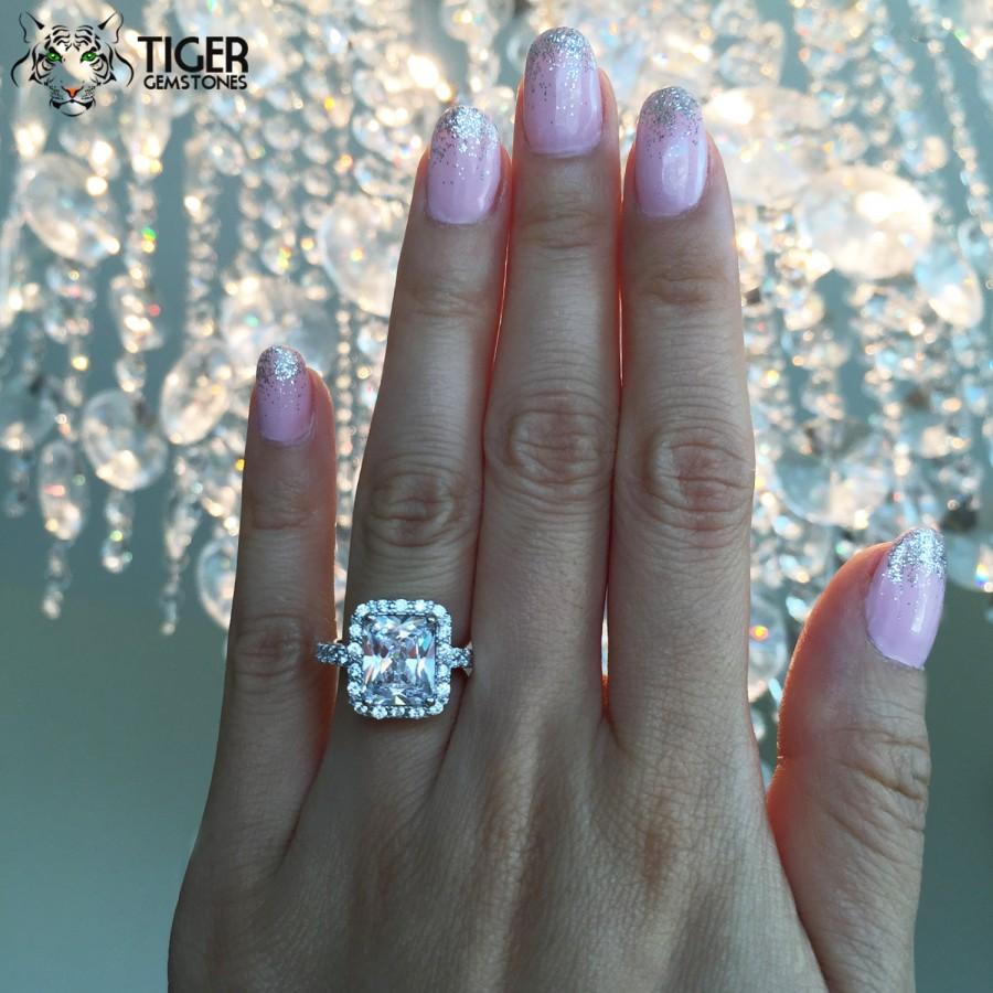 Wedding - Size 4-9: 4 Carat Emerald, Radiant Cut Halo Engagement Ring, Man Made Diamond Simulants, Wedding Ring, Sterling Silver, Bridal, Promise Ring