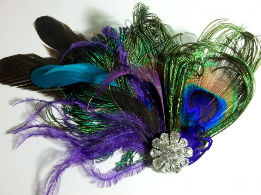 Свадьба - Wedding Peacock bridal fascinator, wedding hair clip, womens girls bridesmaids brides mother of groom, feather headpiece