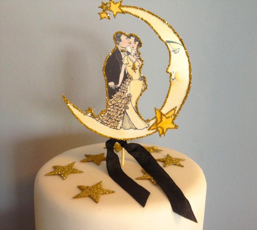 Wedding - 14 Karat Gold Glitter Cake Topper -Featured in Brides Magazine -Vintage Inspired -Art Deco