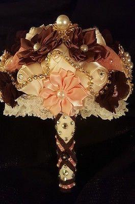Hochzeit - Peach, Chocolate and Ivory ribbon flowers and Brooch Wedding Bridal Bouquet