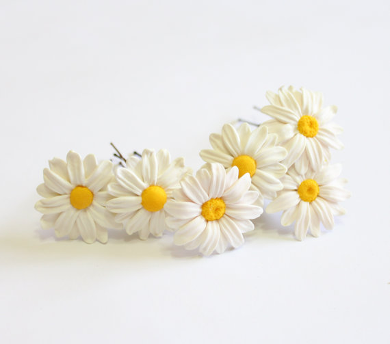 Mariage - Daisies White Flower - Wedding Hair Accessories, Bohemian Wedding Hairstyles Hair Flower - Set 6