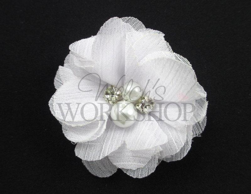 زفاف - White - Set of 4 Petite 2" Chiffon Flowers w/ Pearl & Rhinestone Centers - PPR-048