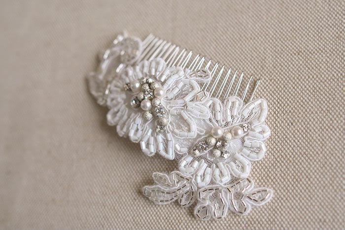 Wedding - Bridal Hair Comb, Embroidered Lace Comb, Lace Hair Accessories, Wedding Hair Comb, Lace Bridal Hair Piece, Silver White Wedding Headpiece