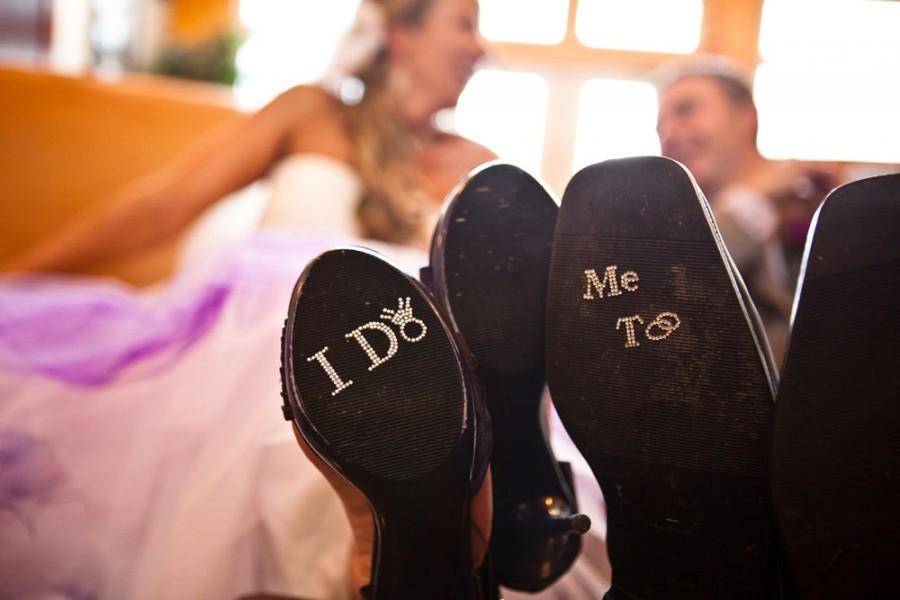 Hochzeit - I Do Shoe Crystals with DIAMOND RING & Me Too Groom Stickers for the Bride and Grooms Wedding Shoes.  Perfect Photo Opp
