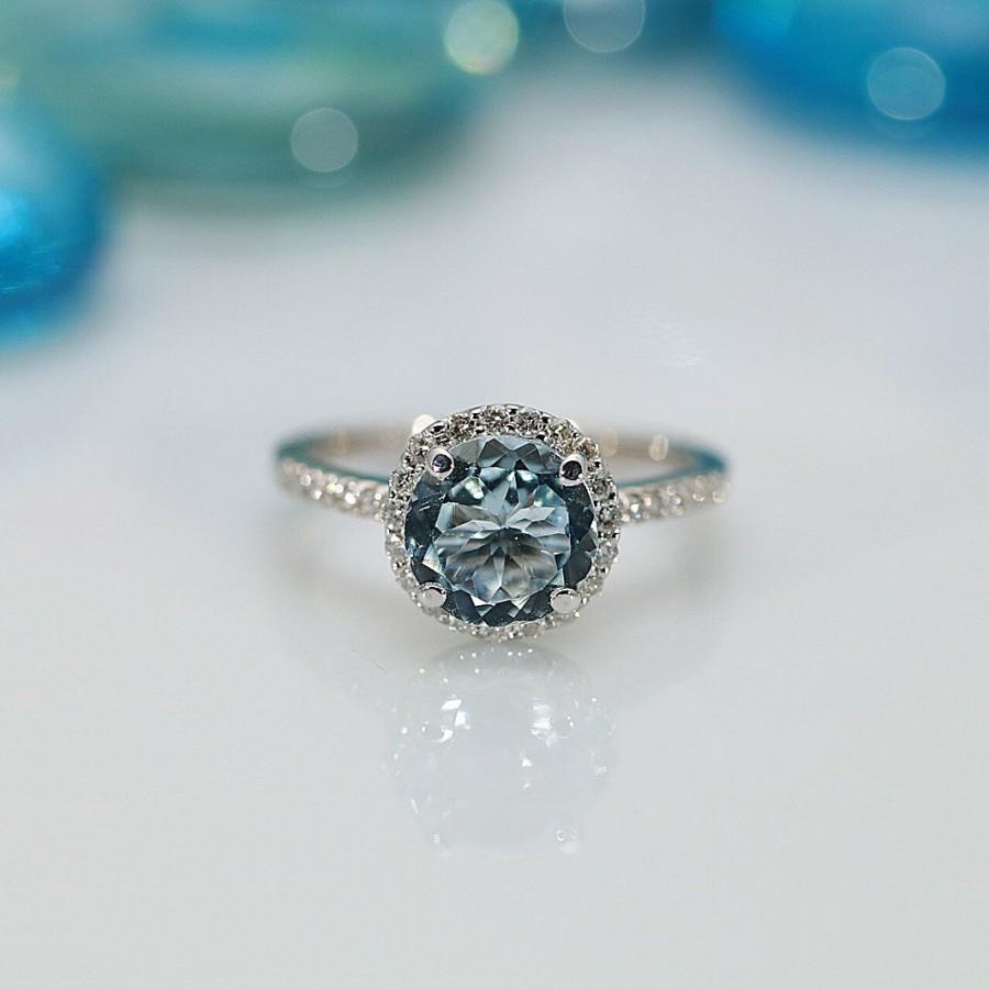 Mariage - Natural Faceted Round AquaMarine 14k Solid White Gold with Diamond Antique Shoulders and Floral Halo Basket Setting 1.8 CTTW