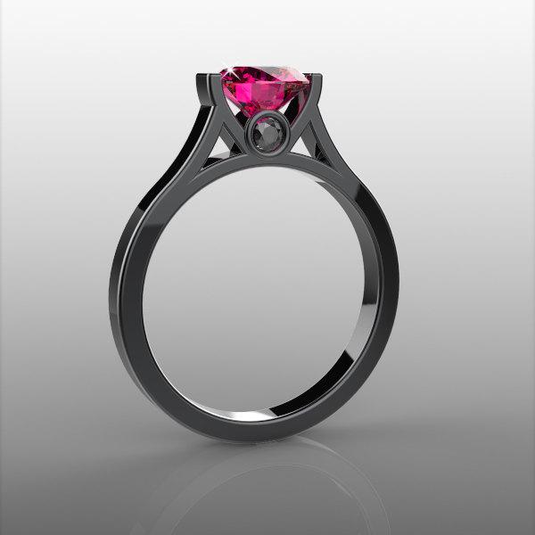 Wedding - 14k black gold engagement ring,7mm round pink sapphire and two 2mm natural black diamonds, AKR-471