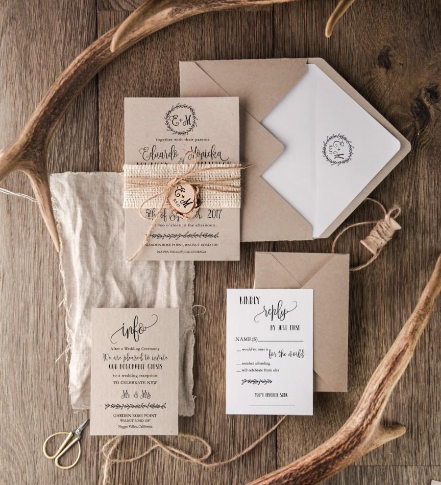 Hochzeit - Rustic Wedding Invitation Set (20), Craft Wedding Invitation Suite, Burlap Wedding Invitation, Wooden Slice Invitations, Monogram Invites