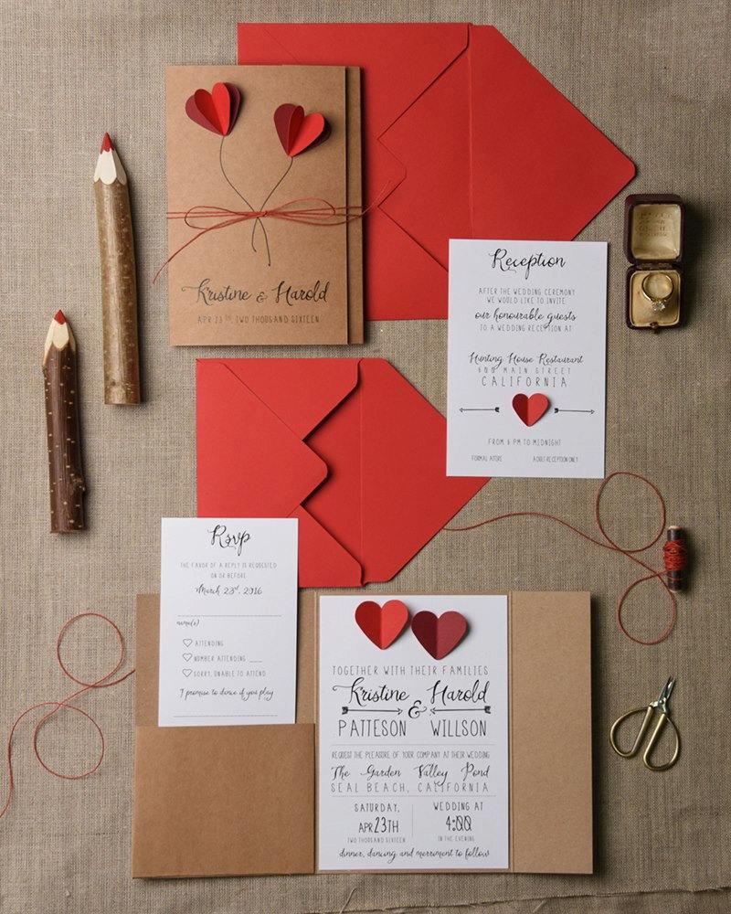 Свадьба - Rustic Wedding Invitation Set (20), Hearts Wedding Invitation Suite, Red Wedding Invitation, Rustic Wedding Invites, Vintage Invitations