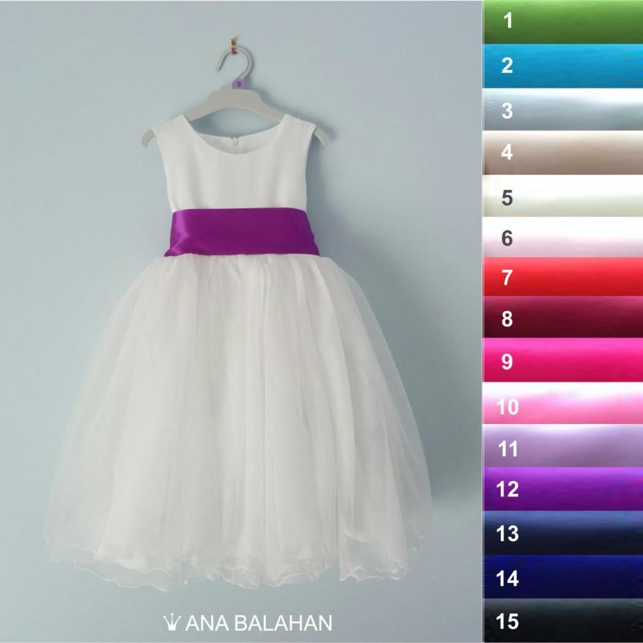 زفاف - Flower girl dress - WHITE, Wedding Junior Bridesmaid, Easter Dress, First Communion For Children Toddler Kids Teen Girls, 15 sash colors