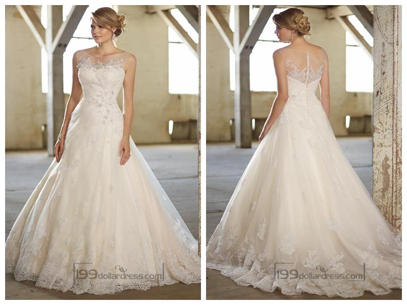Hochzeit - Stunning A-line Illusion Neckline & Back Lace Wedding Dresses