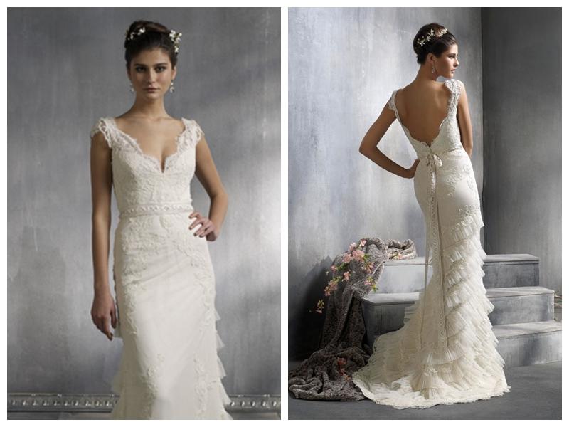 Mariage - Lithe Style V-neck Sheath Lace Court Train Wedding Dresses with Cap Sleeves