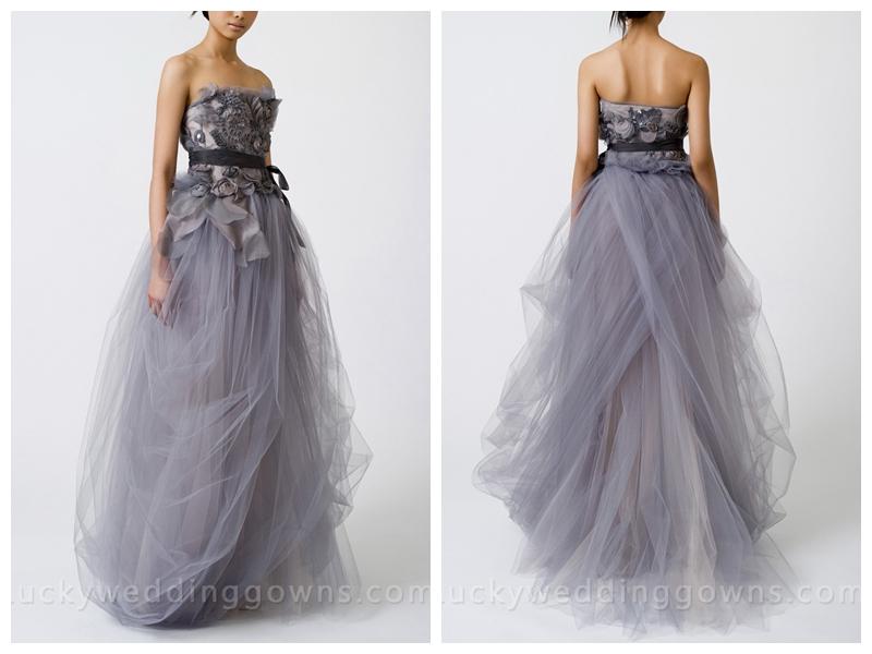 زفاف - Luxury Grey Wedding Dress Strapless Tulle Ball Gown with Tucked Skirt