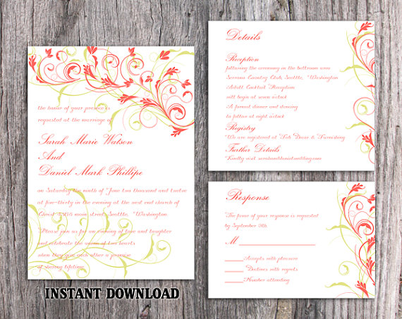 Wedding - DIY Wedding Invitation Template Set Editable Word File Download Printable Invitation Elegant Coral Invitations Green Floral Invitation