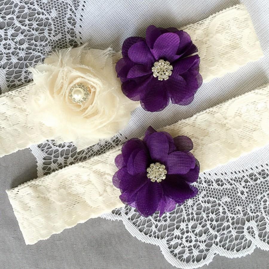 Mariage - Wedding Garter Set Bridal Garter Set Dark Eggplant Purple Lace Garter Set Ivory Rhinestone Crystal Lace Garter GR130LX