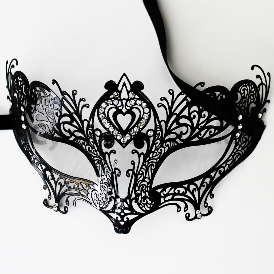 Beautiful Black Laser Cut Venetian Masquerade Mask with Clear Rhinestones 