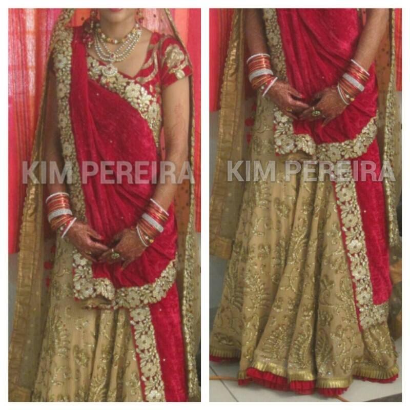 Wedding - Gold Sequenced Lehenga with Red Velvet Sequenced Choli and Two Dupattas