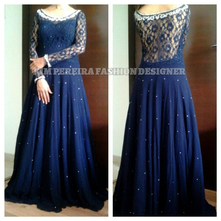 زفاف - Navy Blue Fusion Evening Gown In Lace & Georgette