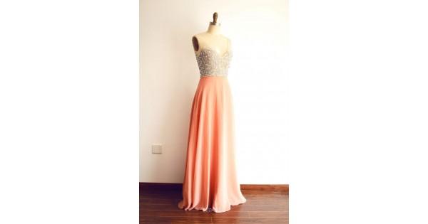 Hochzeit - Illusion Beaded V-neck Peach Chiffon Evening Dress