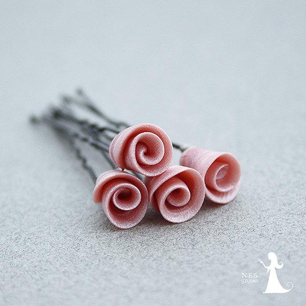 زفاف - Wedding bridal hair pins - 4pcs - blush pink wedding accessories - Bridal retro Roses hair piece - rosebuds jewelry Israel