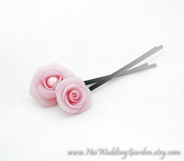 زفاف - Pink roses Bobby pins - Wedding bridal hair pins - 2pcs - wedding accessories - Pink Roses and pearls hair piece - rose jewelry Israel