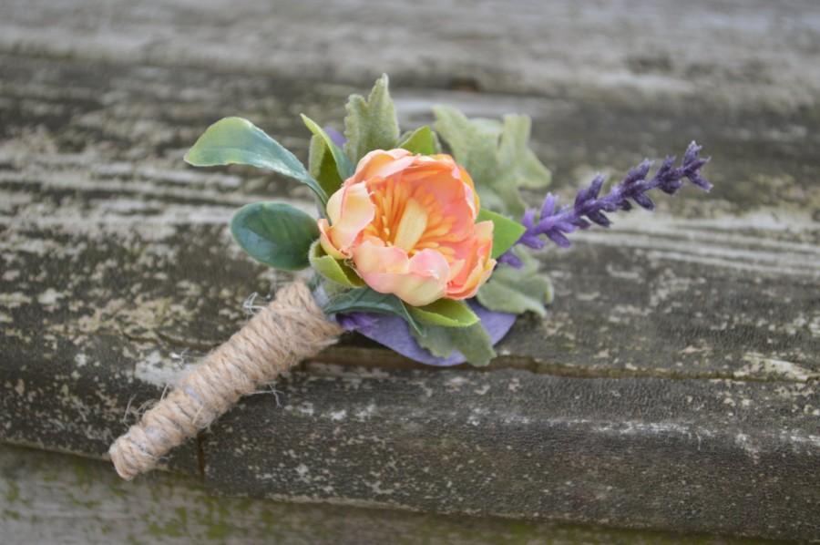 Hochzeit - Silk Boutonniere  Rustic Country Twine Wrapped Coral Ranunculus and purple Eucalyptus and Lavender