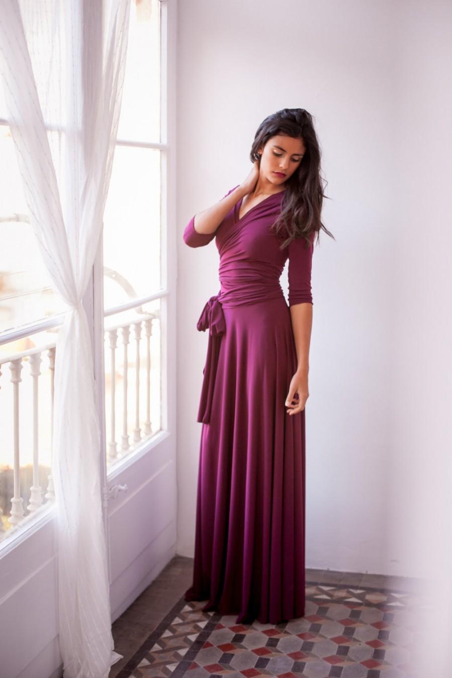 زفاف - Long burgundy dress, Long wrap dress, 3/4 sleeve gown, Long sleeve maxi dress, Convertible wrap dress, Marsala long dress, Evening dress
