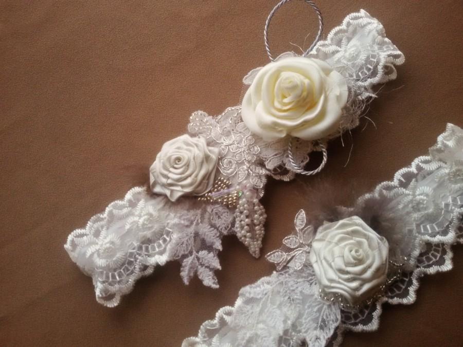 Hochzeit - White wedding garter set, ivory garter set, wedding garter set, blush garter, lace garter set, garter set, floral garter, wedding items