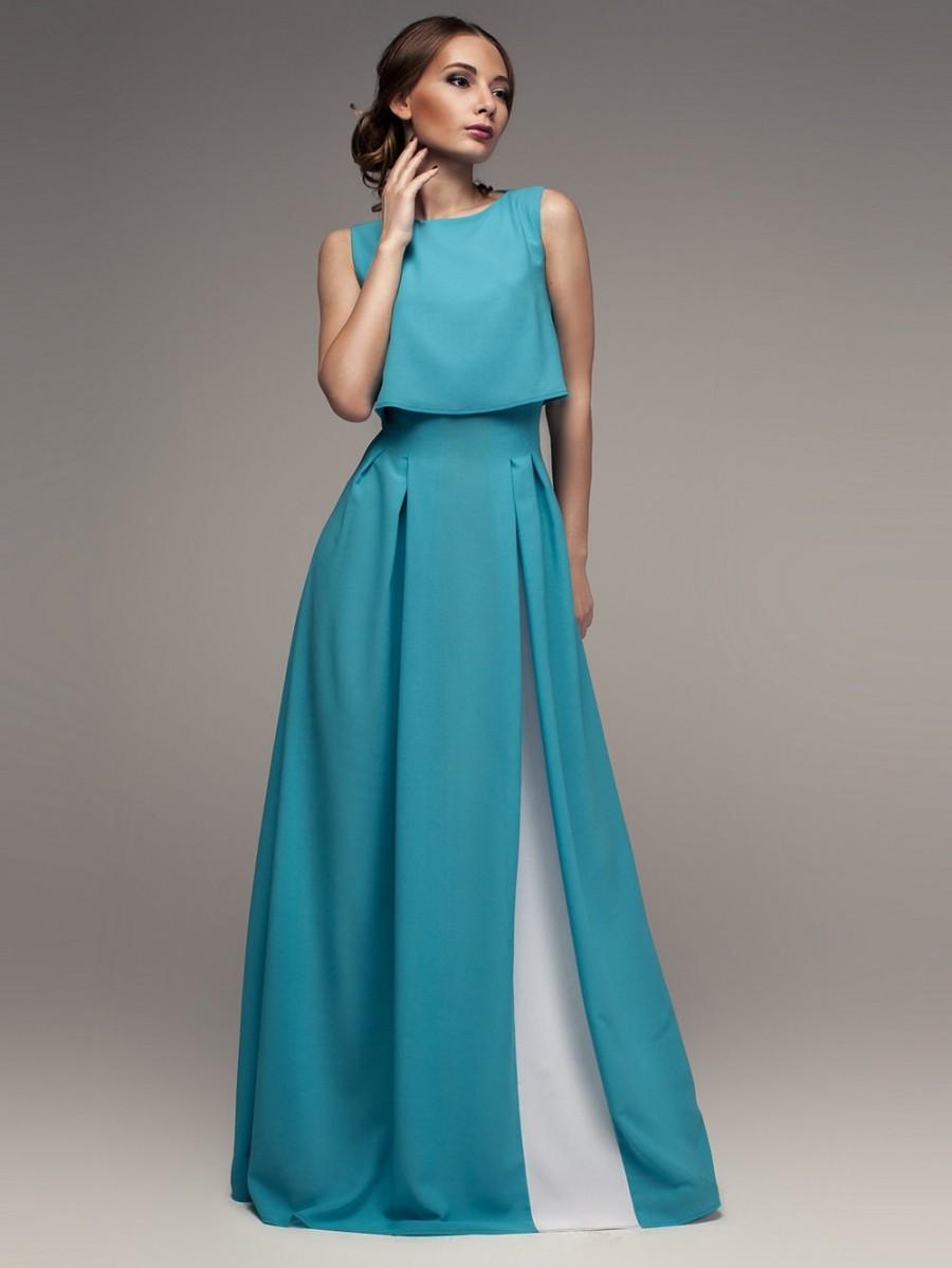 زفاف - Maxi dress Turquoise White. Evening dress with pleats, Beautiful flared gown floor length Prom. Wedding dress bridesmaid.