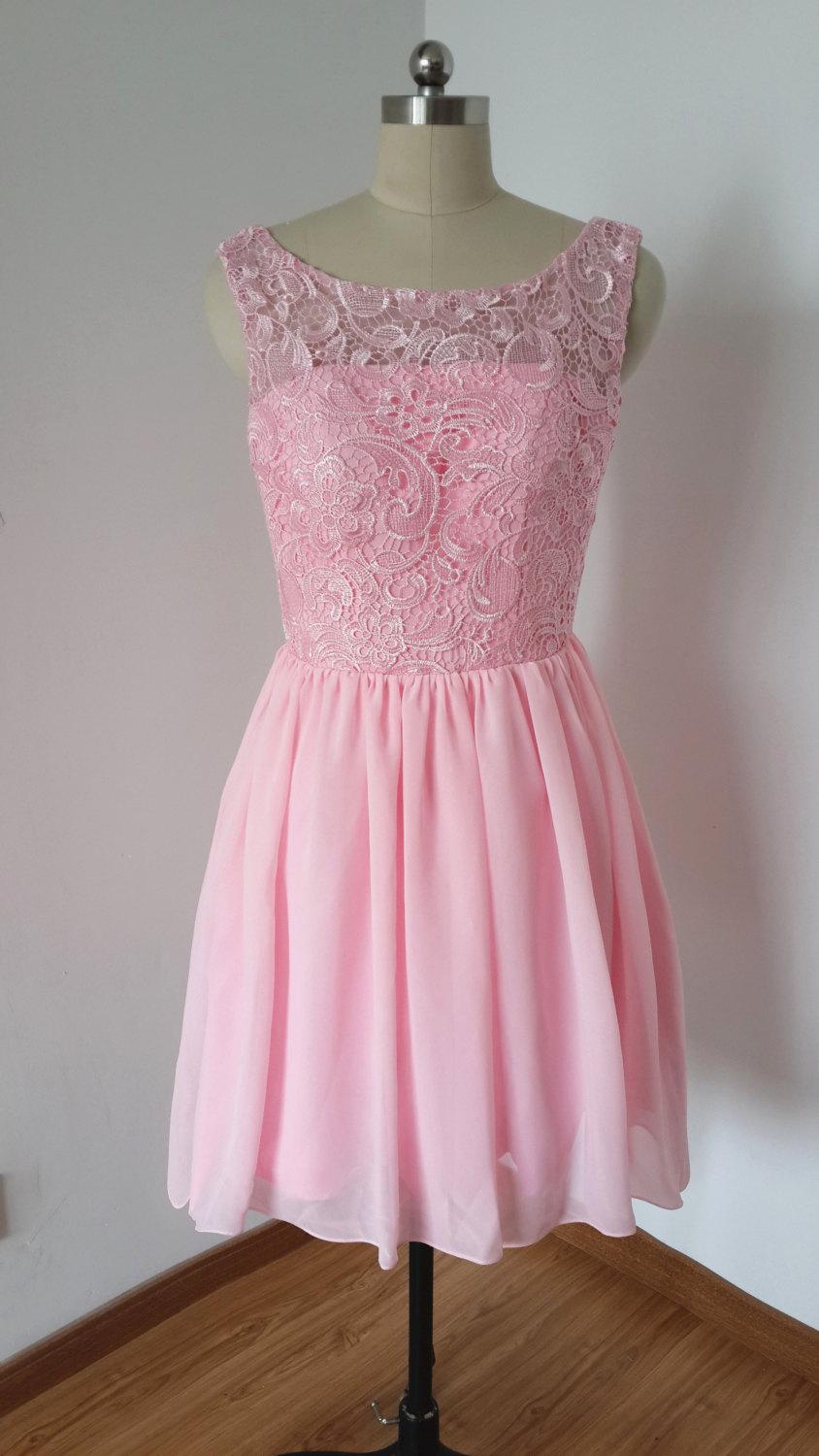 زفاف - 2015 V-back Blush Pink Lace Chiffon Short Bridesmaid Dress