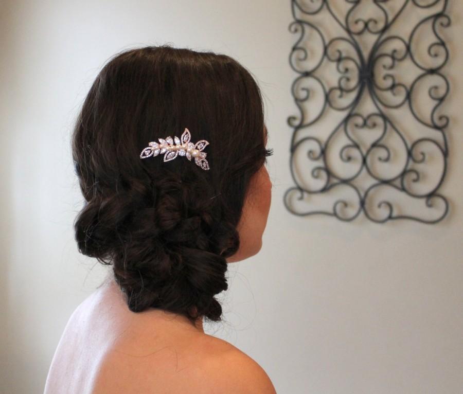 Wedding - Rose Gold Wedding hair comb, Crystal leaf wedding hairpiece, Bridal hair comb, Swarovski pearl bridal headpiece, CZ hair clip, Rose Gold