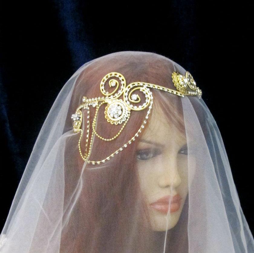 Wedding - Golden Rhinestone Beaded  Bridal Tiara Head band Greek Inspired Wedding Accessories Headpiece Head Piece