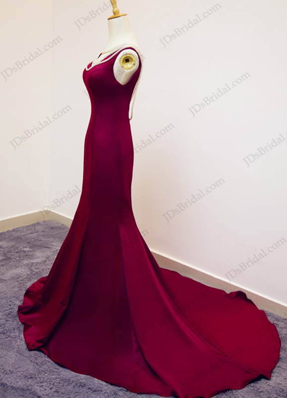 زفاف - Simple Elegant red burgundy colored backless mermaid prom dress