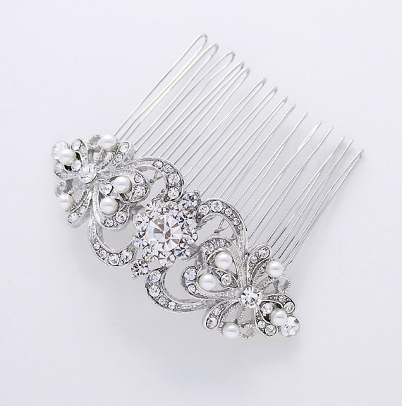 Свадьба - Hair Comb Crystal Pearl Bridal Hair Piece Vintage Style Wedding Jewelry Rhinestone Silver Hair Combs Gatsby Old Hollywood Headpiece