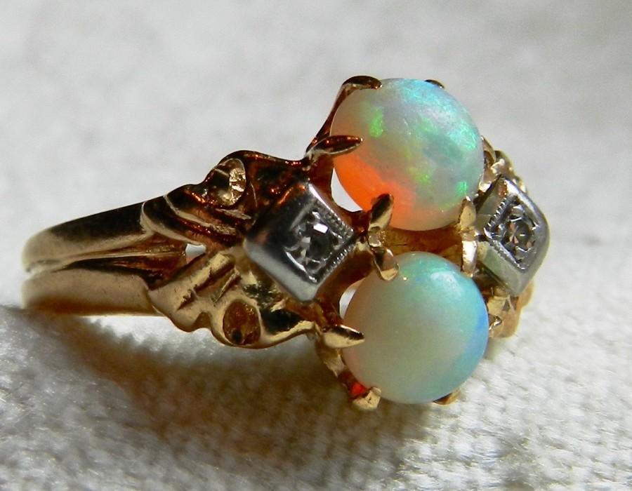 Hochzeit - Antique Opal Engagement Ring 1.0 cttw Australian Opals 0.02cttw Diamonds 14k yellow gold Victorian setting