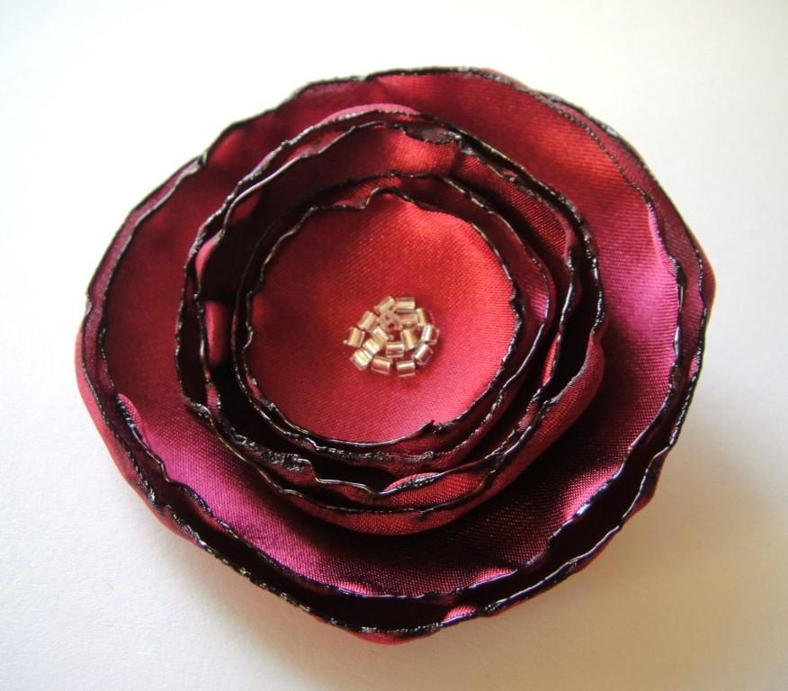 Wedding - burgundy poppy rose flower brooch