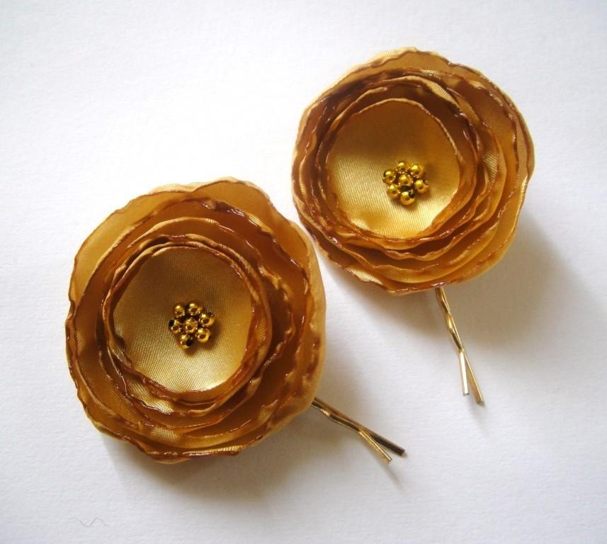 زفاف - glitzy gold citrine rose blossom flower hair pins (2 pieces)
