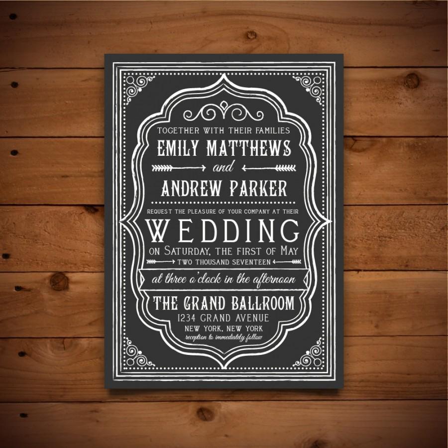 Wedding - Printable Chalk Style Wedding Invitation Template - White & Dark Grey - Instant Download - Editable MS Word Doc - Peony Collection