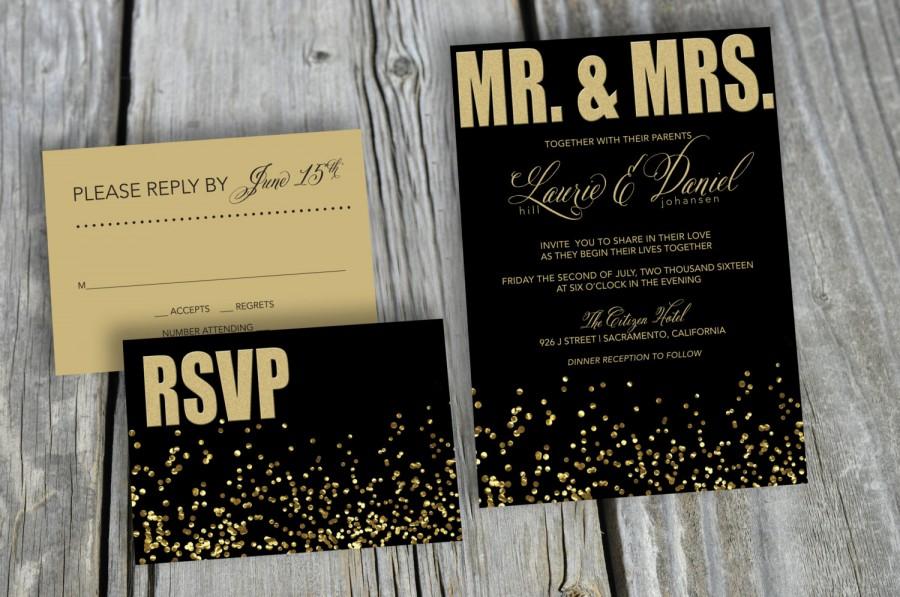 زفاف - PRINTED Gold Glitter/Confetti Invitation - Wedding or Celebration
