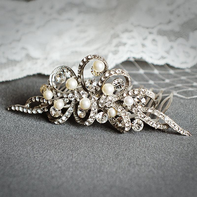 Hochzeit - AUDREY, Vintage Inspired Wedding Hair Comb, Swarovski Crystal and Pearl Bridal Hair Comb, Rhinestone Bridal Tiara, Wedding Hair Accessories