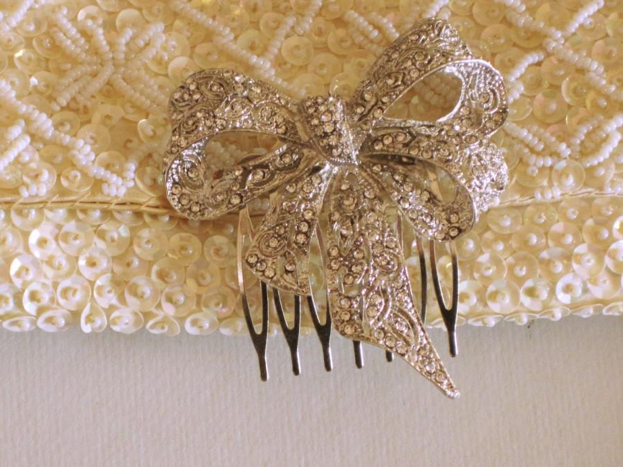 Wedding - Silver Bow Rhinestone Hair Comb, Wedding  Comb, Bridal  Comb Jeweled Hair Comb, Rhinestone Hair Comb, Crystal hair comb