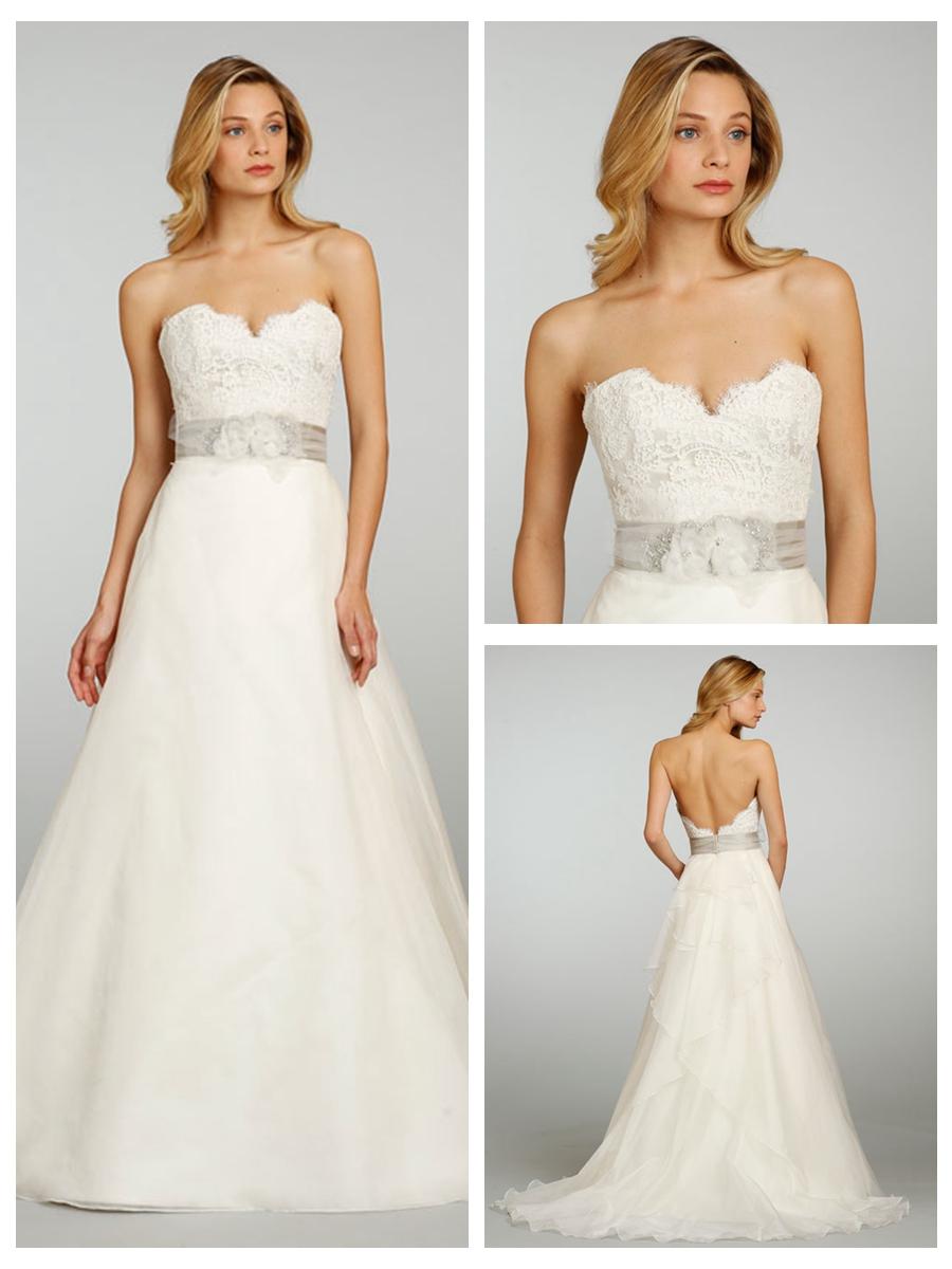 زفاف - A-line Strapless Sweetheart Lace Wedding Dress with Floral Waist