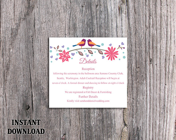 Mariage - DIY Wedding Details Card Template Editable Word File Download Printable Details Card Floral Colorful Details Card Bird Enclosure Cards