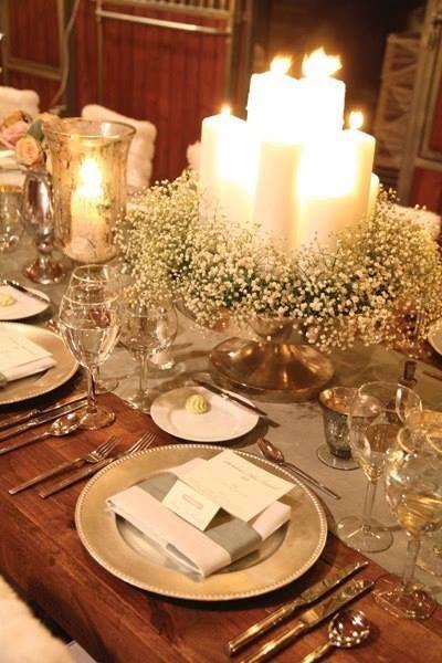 Mariage - Candles And Baby's Breath Wreath For Centerpiece - Winter Sophisticate