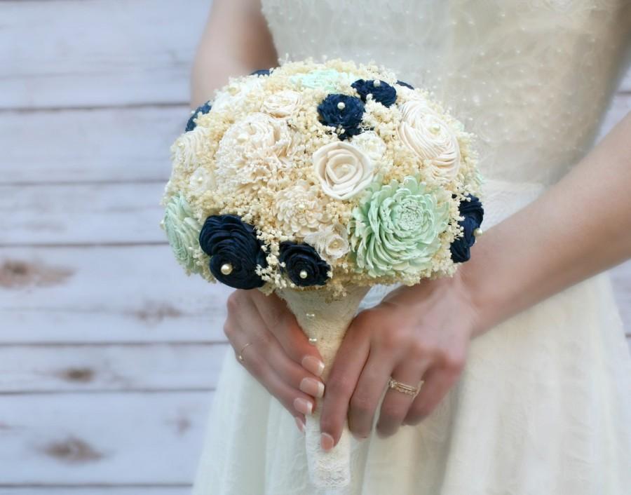 Hochzeit - Hand Dyed Pastel Mint Green & Navy Everlasting Bride's Bouquet - Sola Wood, Lace Flowers, Baby's Breath - Alternative Wedding Bouquet