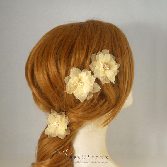 Hochzeit - Pure Silk Bridal Flower Clip, Champagne Bridal Hair Flower, Gold Wedding Hair Flower, Bridal Hair Clip, Swarovski Crystal Freshwater Pearl