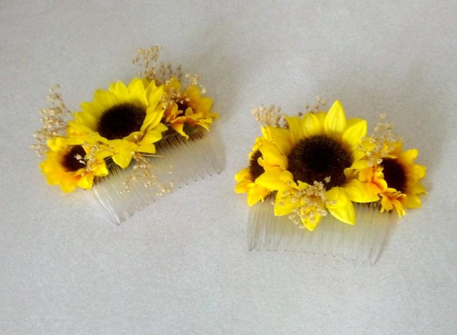 Mariage - Sunflower Wedding hair Accessory Bridal Hairpiece comb summer dried  babys breath country western barn party yellow hair flower girl