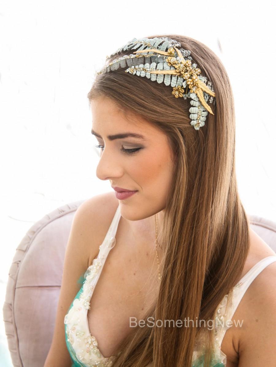 Hochzeit - Rustic Gold and Aqua Blue Wedding Hair Comb Vintage Look Wedding Headpiece of Velvet Leaves and Brass Flowers Boho Wedding Hair Accessory